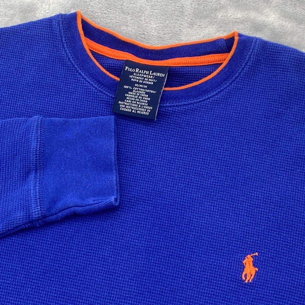 Polo Ralph Lauren Mens Medium Waffle Knit Thermal Sleepwear Shirt Blue Orange